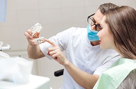Dentist talking to patient about dental implant procedures
