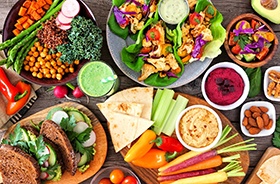 Variety of healthy food laid out on tabletop