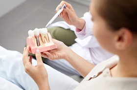 Dentist using model to explain how a dental implant works