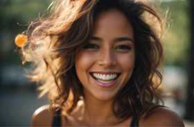 Portrait of smiling woman outside during golden hour