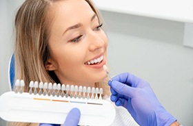 Gloved hand holding shade guide next to patient’s teeth